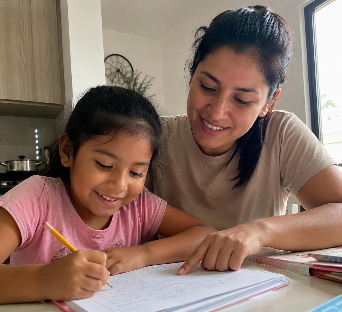 Mamá ayudando a su hija a escribir